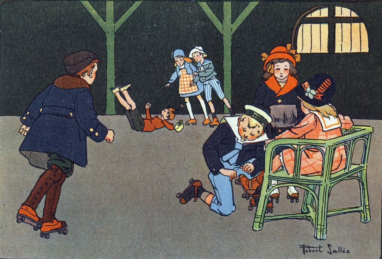Bruslení na kolečkových bruslích. Rytí do „“ Co hrajeme? “” od E. Webera s akvarelovými kresbami Roberta Sallese (1871-1929). Knihovna Garnier Freres, Paříž od Robert Salles