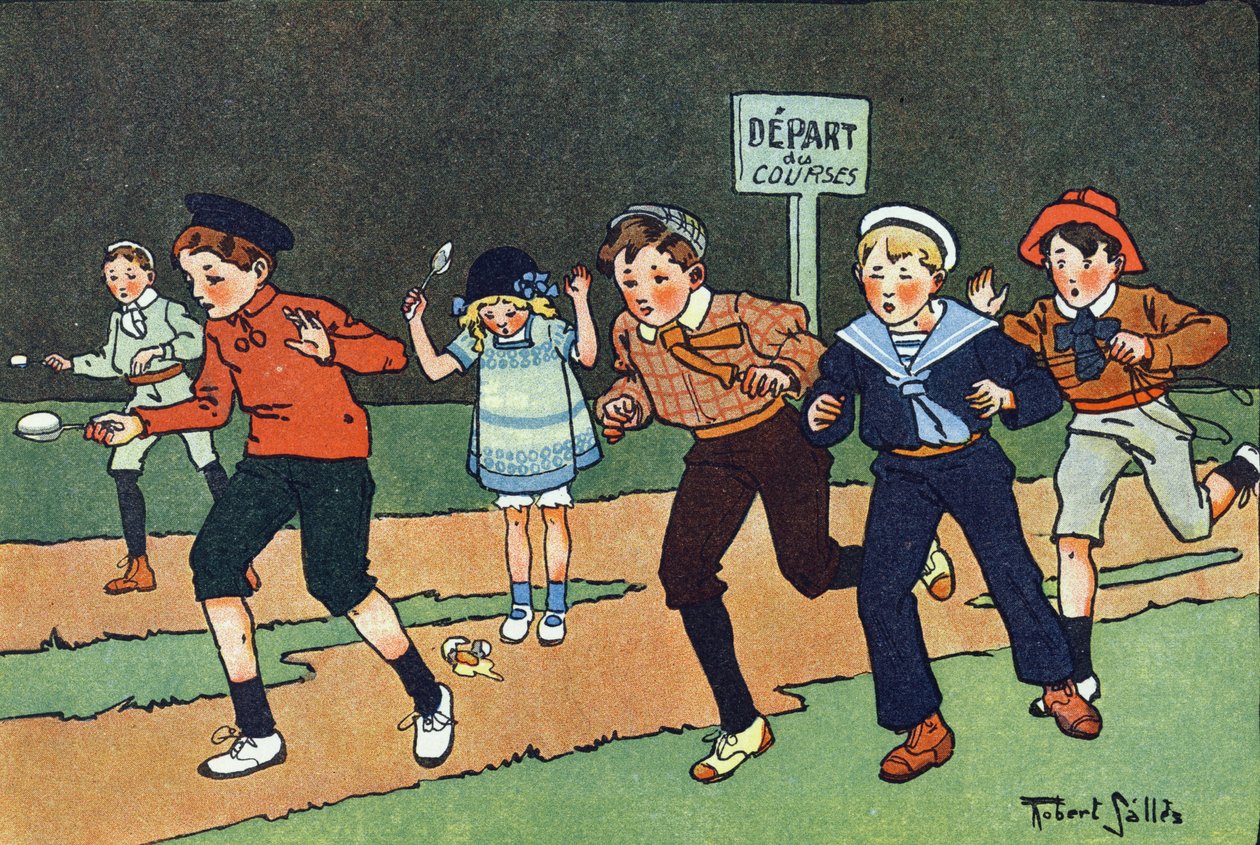 Vaječný závod. Rytí do „“ Co hrajeme? “” od E. Webera s akvarelovými kresbami Roberta Sallese (1871-1929). Knihovna Garnier Freres, Paříž od Robert Salles