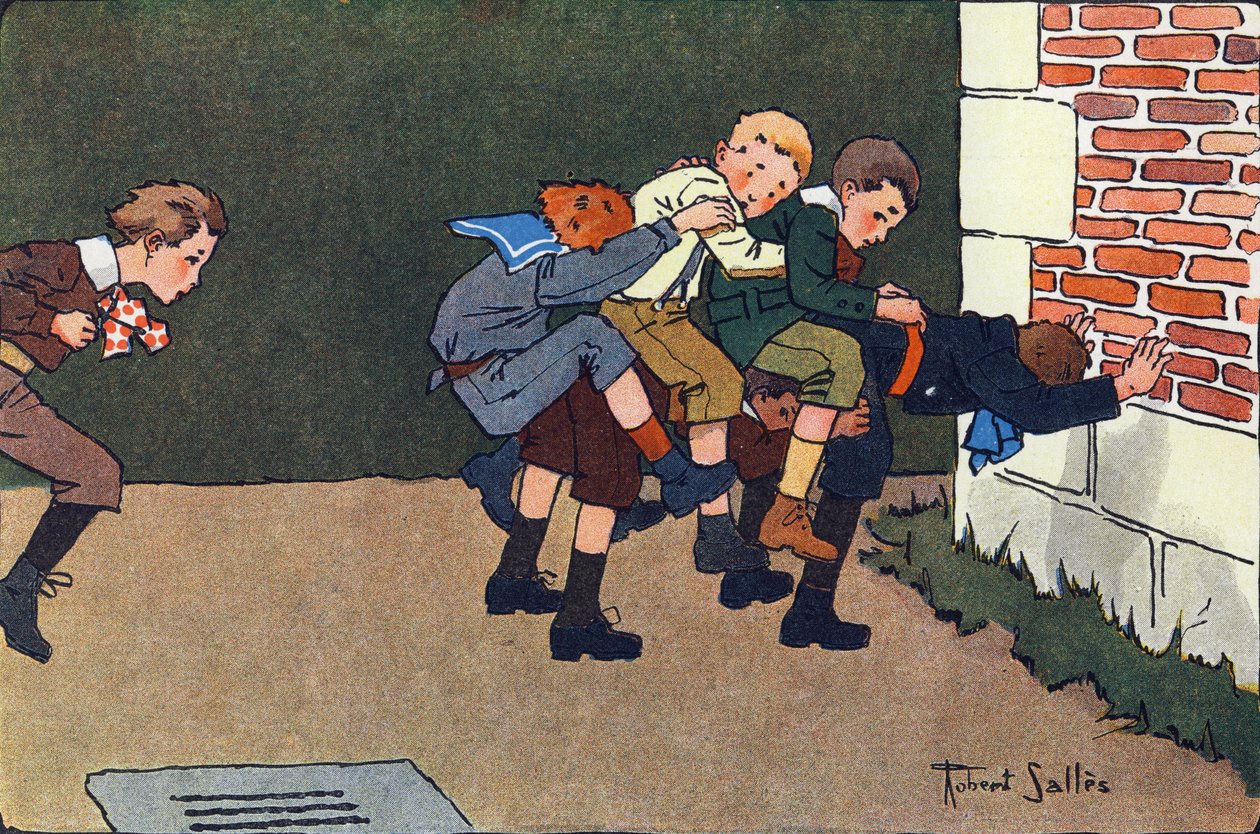 Kůň se rozpustil (když skočíte, musíte skočit caliphurchon na záda jiného dítěte, aniž byste srazili ostatní). Rytí do „“ Co hrajeme? “” od E. Webera s akvarelovými kresbami Roberta Sallese (1871-1929). Knihovna Garnier Frere od Robert Salles