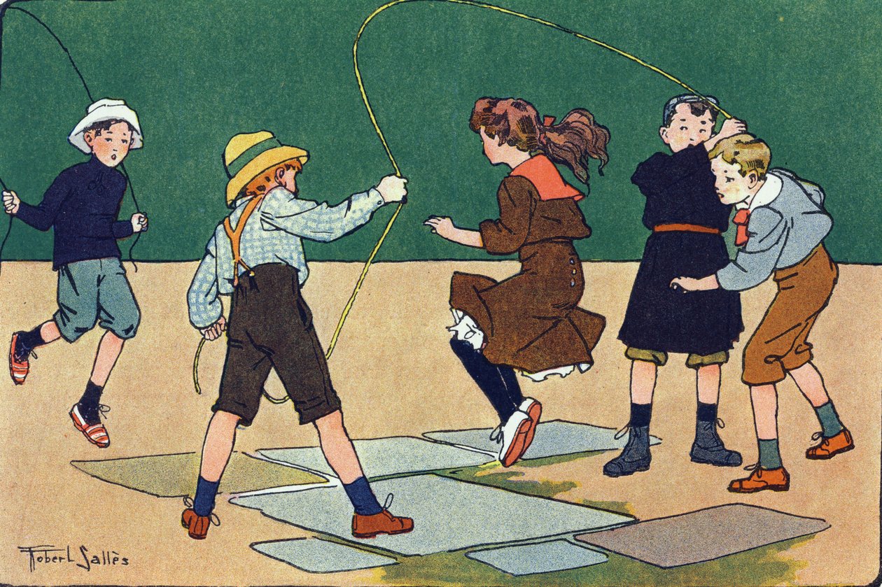 Skok má lano. Rytí do „“ Co hrajeme? “” od E. Webera s akvarelovými kresbami Roberta Sallese (1871-1929). Knihovna Garnier Freres, Paříž od Robert Salles