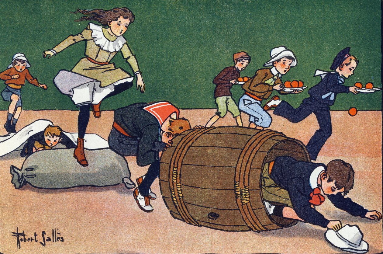 Překážkový závod. Rytí do „“ Co hrajeme? “” od E. Webera s akvarelovými kresbami Roberta Sallese (1871-1929). Knihovna Garnier Freres, Paříž od Robert Salles