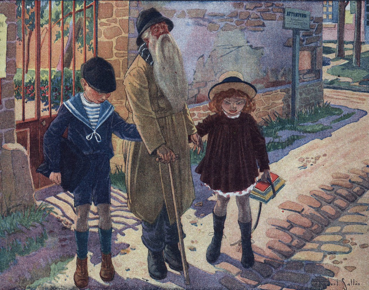 Hůl nevidomých: dvě děti pomáhají slepému starci chodit. Ilustrace Robert Salles (1871-1929) v „“ Je sais Lire““. od Robert Salles