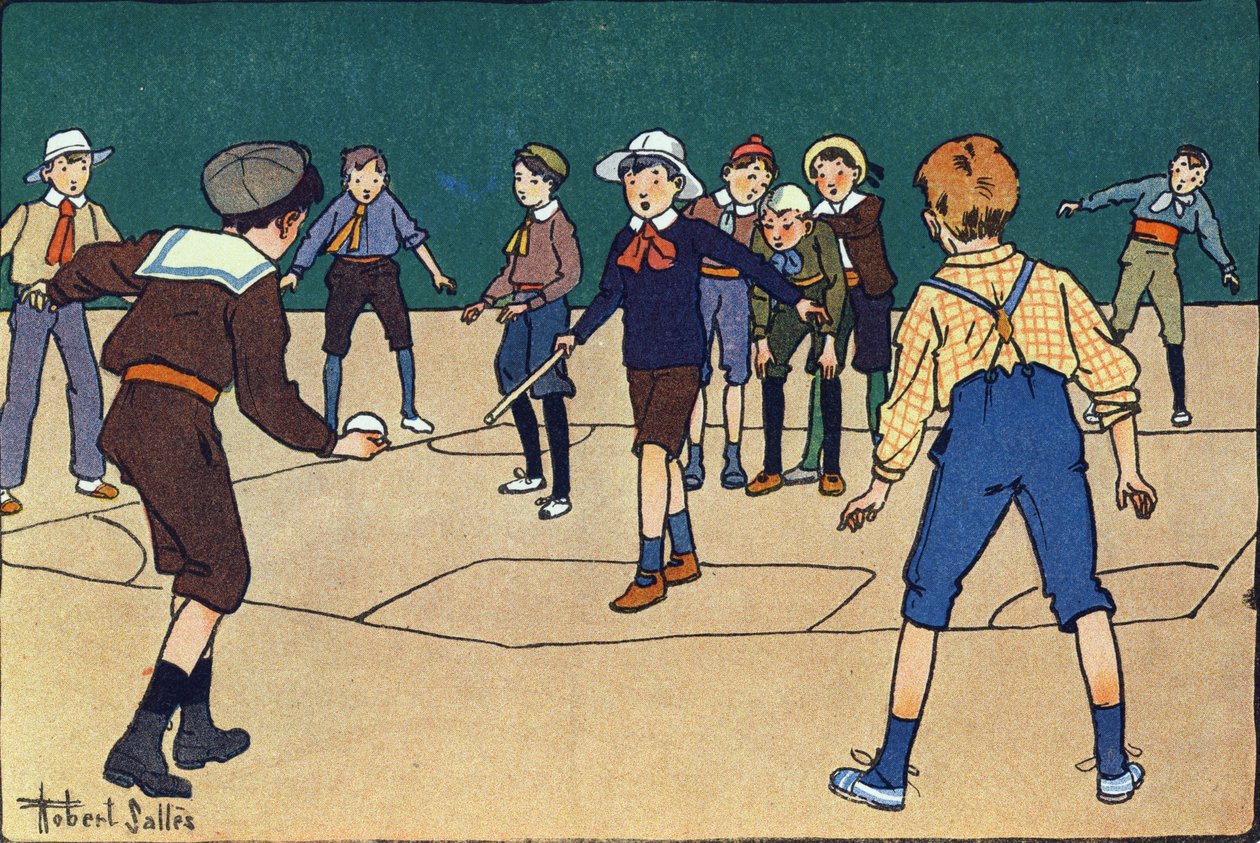Theque (týmová hra s míčem a holí). Rytí do „“ Co hrajeme? “” od E. Webera s akvarelovými kresbami Roberta Sallese (1871-1929). Knihovna Garnier Freres, Paříž od Robert Salles