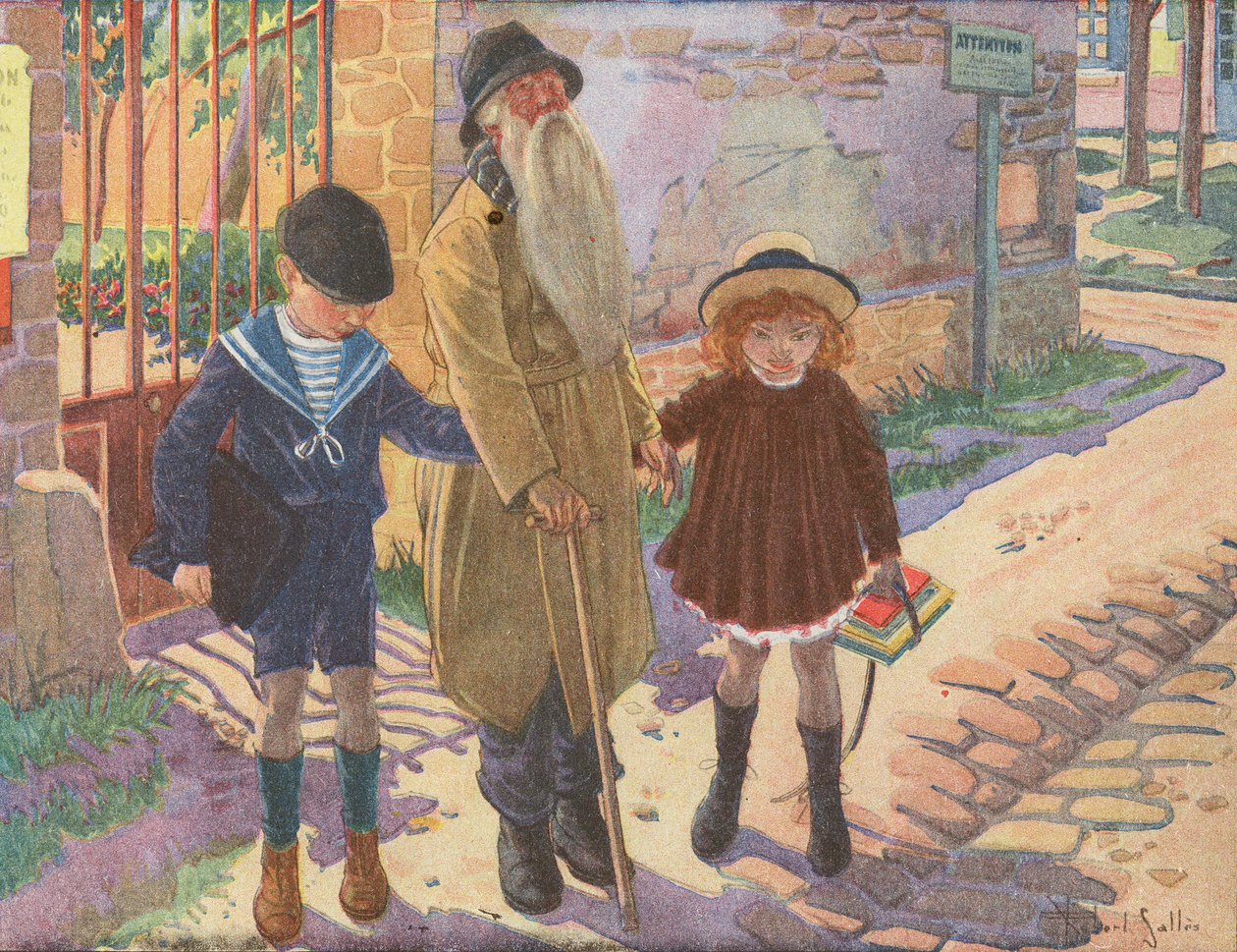 Dvě děti pomáhají starému slepci, který ztratil hůl (barevná litografie) od Robert Salles