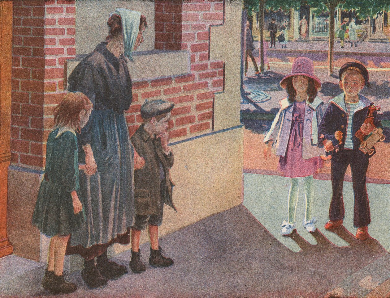 Dvě bohaté děti potkávají chudou matku a její děti žebrající na ulici (barevná litografie) od Robert Salles