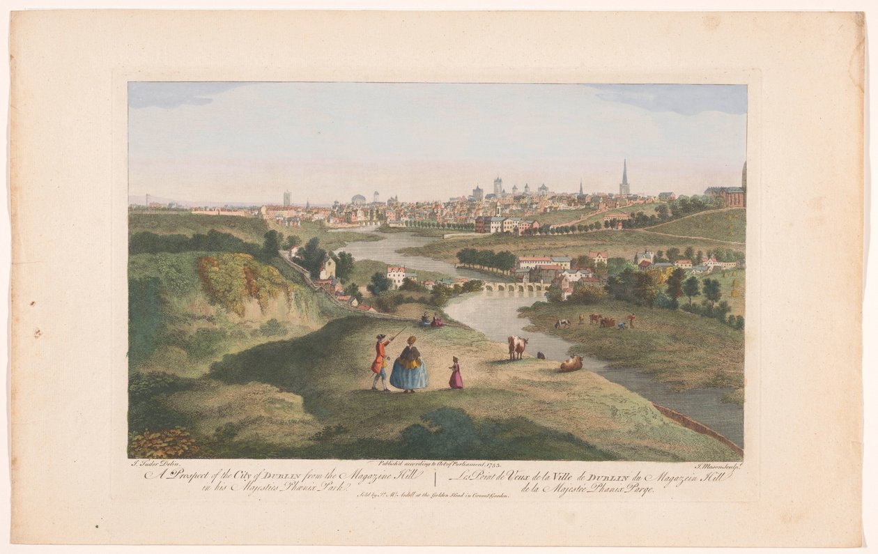 Pohled na město Dublin při pohledu z Phoenix Park Vyhlídka na město Dublin z Magazine Hill v parku Jeho Veličenstva Phoenix (název na objektu) od Robert Sayer (possibly)
