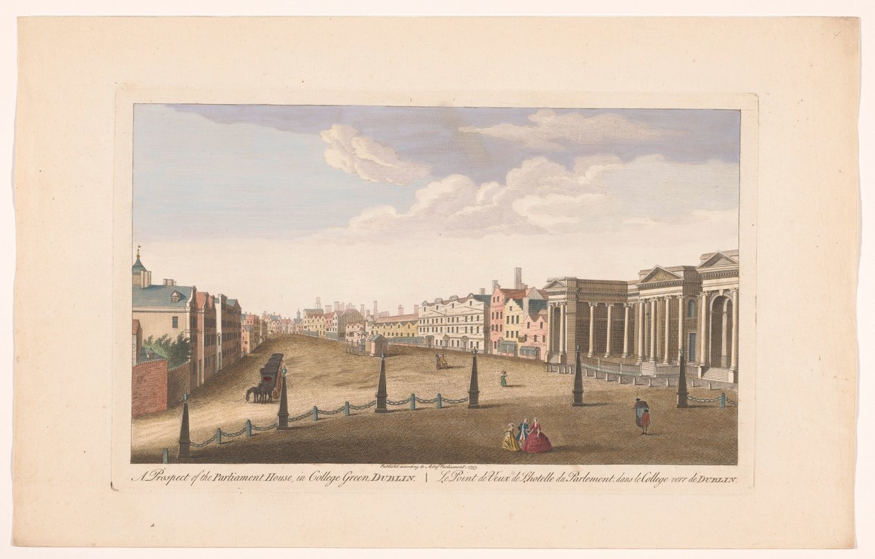 Pohled na sněmovnu parlamentu na College Green Square v Dublinu Vyhlídka na budovu parlamentu, v College Green, Dublin (název na objektu) od Robert Sayer (possibly)