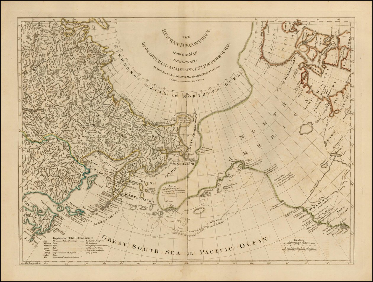 Mapa z roku 1775 - Ruské objevy, z mapy vydané Petrohradskou císařskou akademií od Robert Sayer
