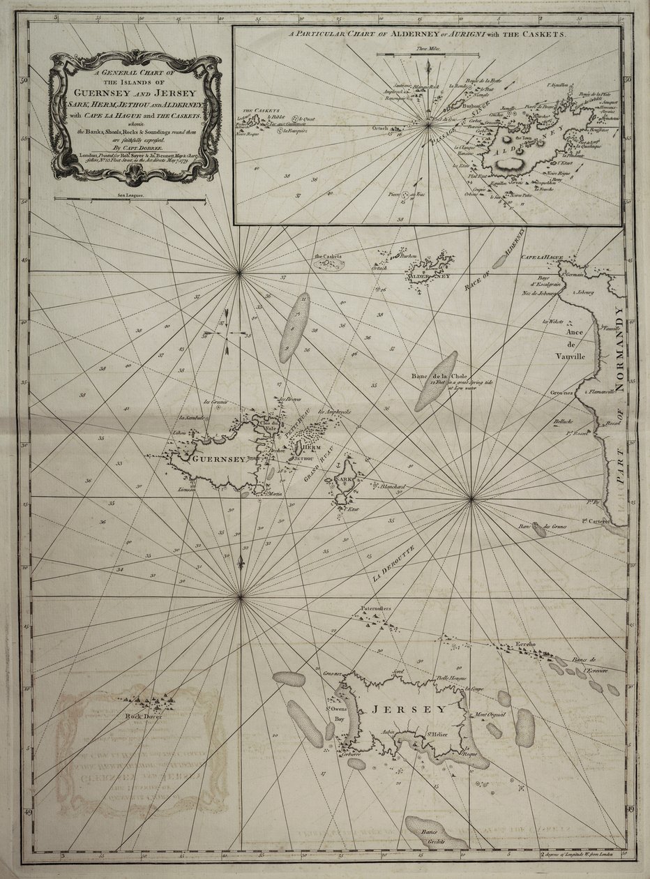Generální mapa ostrovů Guernsey a Jersey, Sark, Herm, Jethou a Alderney, s mysem la Hague a Caskets. od Robert Sayer