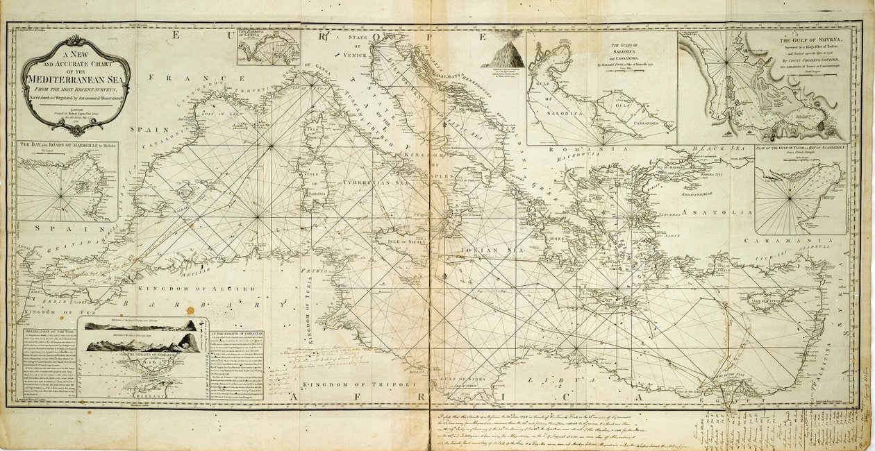 Nová a přesná mapa Středozemního moře z nejnovějších průzkumů, zjištěná a upravená na základě astronomických pozorování. od Robert Sayer