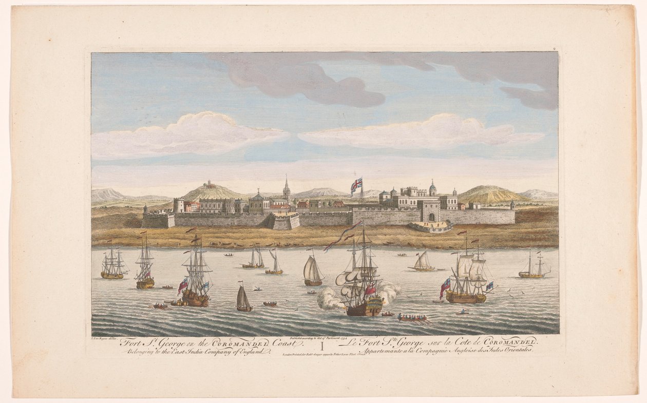 Pohled na Fort Saint George v Madrasu Fort St George na pobřeží Coromandel. Patří k Východoindické společnosti Anglie (název na předmětu) Vyrovnání VOC (název série) od Robert Sayer