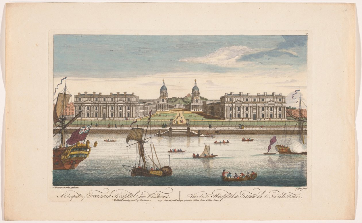 Pohled na nemocnici Greenwich na řece Temži v Greenwichi Vyhlídka na nemocnici Greenwich od řeky (název na objektu) Londýn (název série) od Robert Sayer