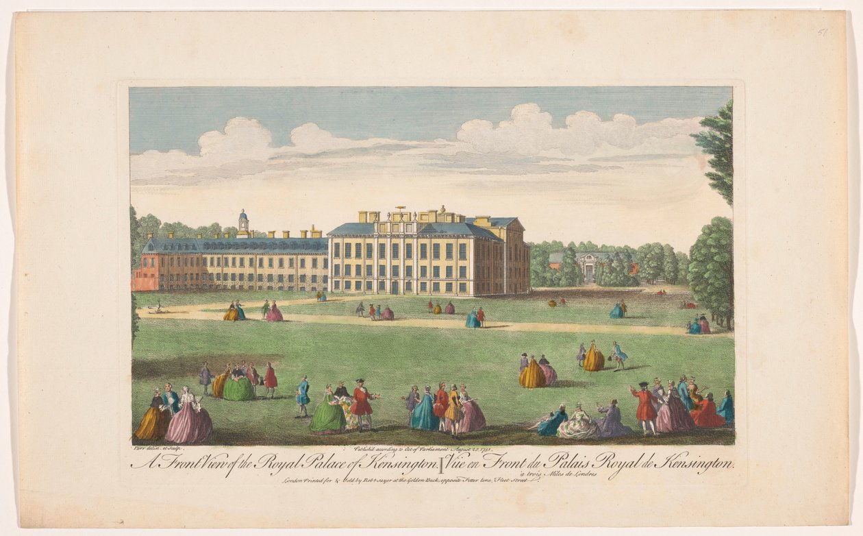 Pohled na Kensingtonský palác v Londýně Čelní pohled na královský palác Kensington (titul na objektu) Londýn (název série) od Robert Sayer
