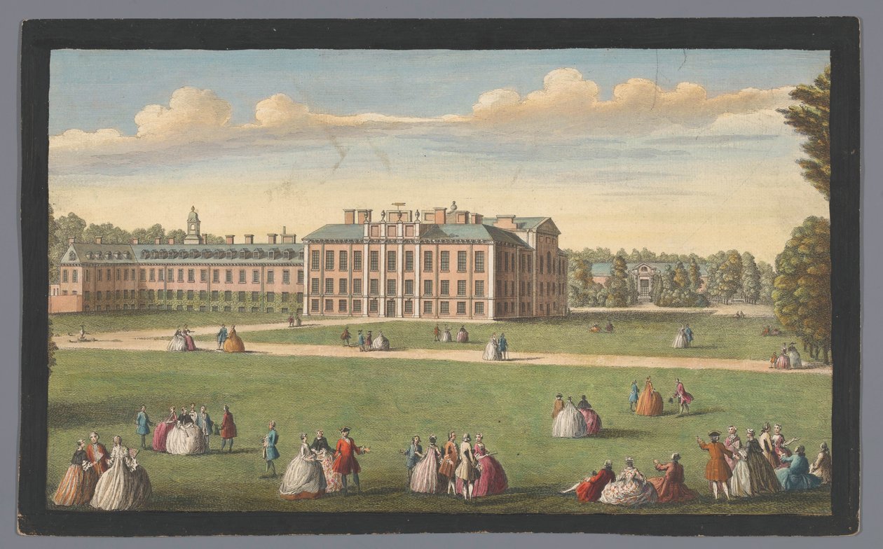 Pohled na Kensingtonský palác v Londýně Čelní pohled na královský palác Kensington (titul na objektu) Londýn (název série) od Robert Sayer