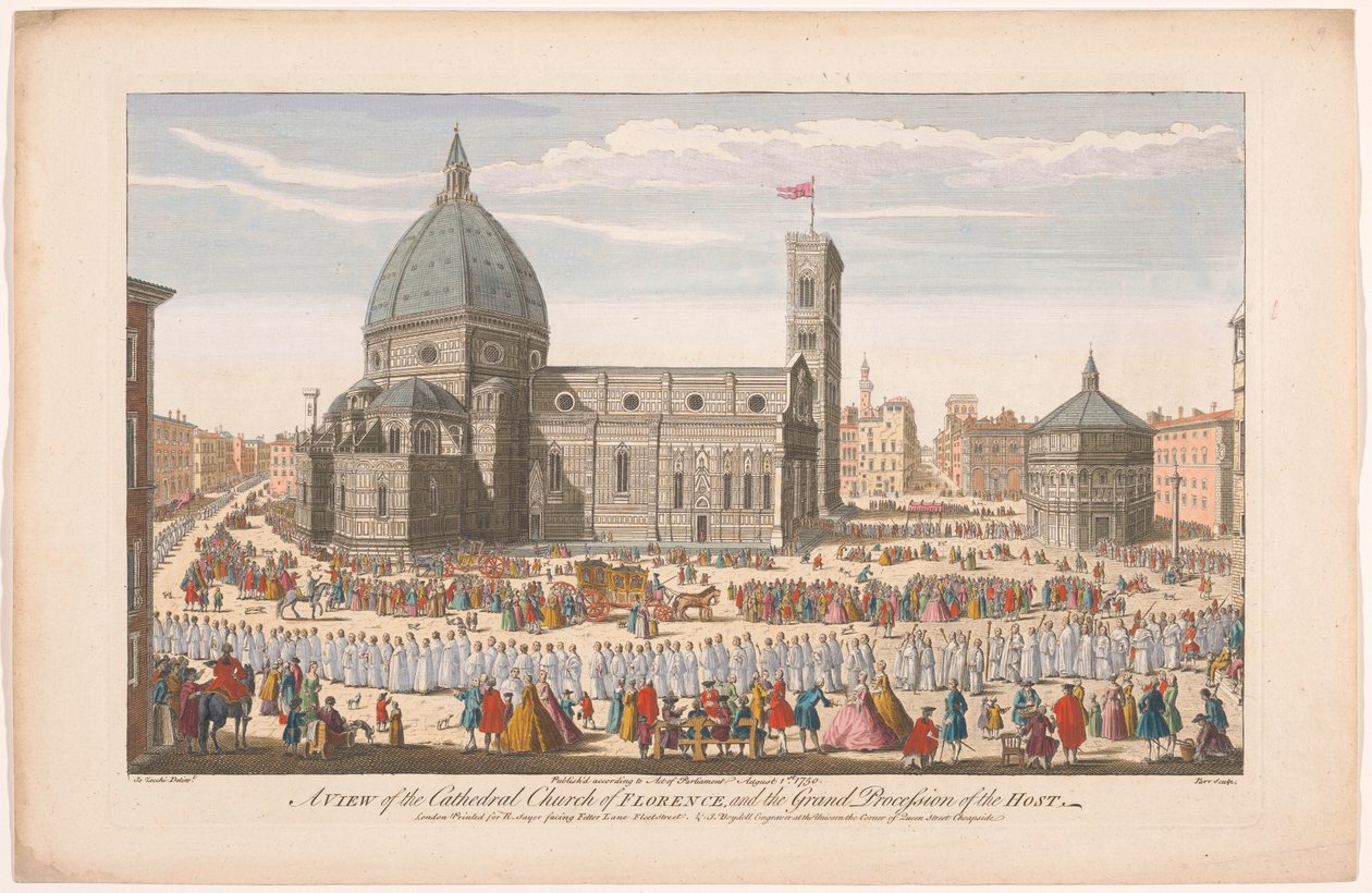 Pohled na Duomo ve Florencii s průvodem na Corpus Christi Pohled na katedrální kostel ve Florencii a velký průvod Hostie (název na objektu) Florence (název série) od Robert Sayer