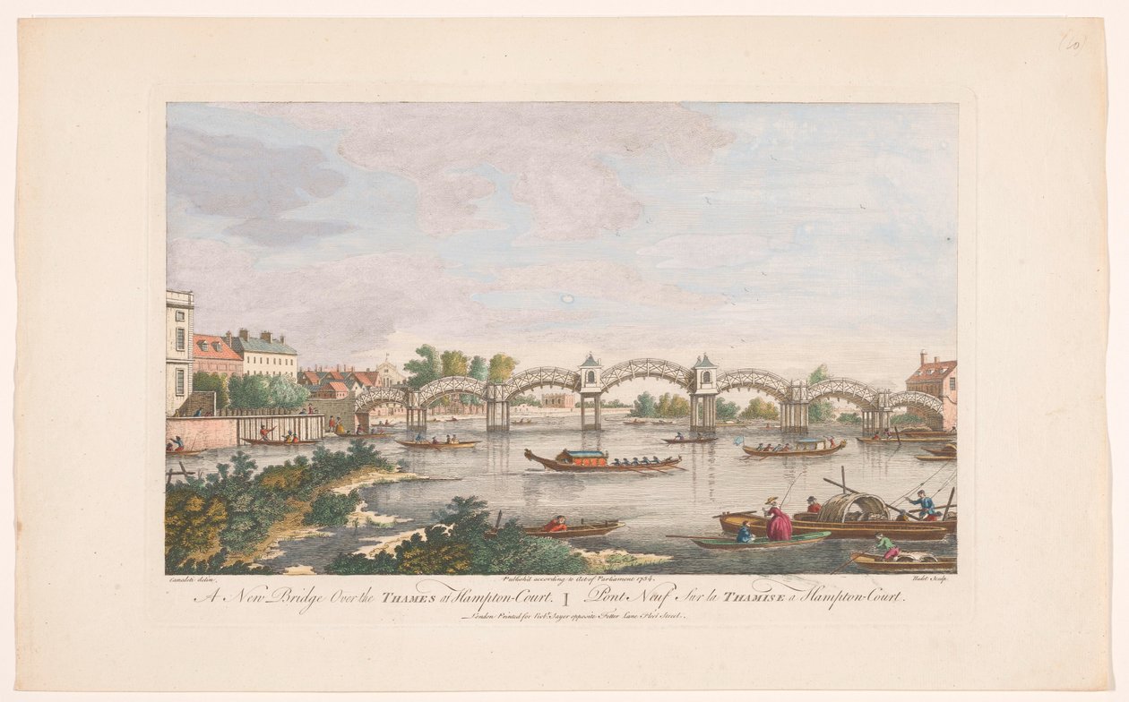 Pohled na Hampton Court Bridge přes řeku Temži mezi Hamptonem a East Molesey Nový most přes Temži v Hampton Court (název na objektu) od Robert Sayer