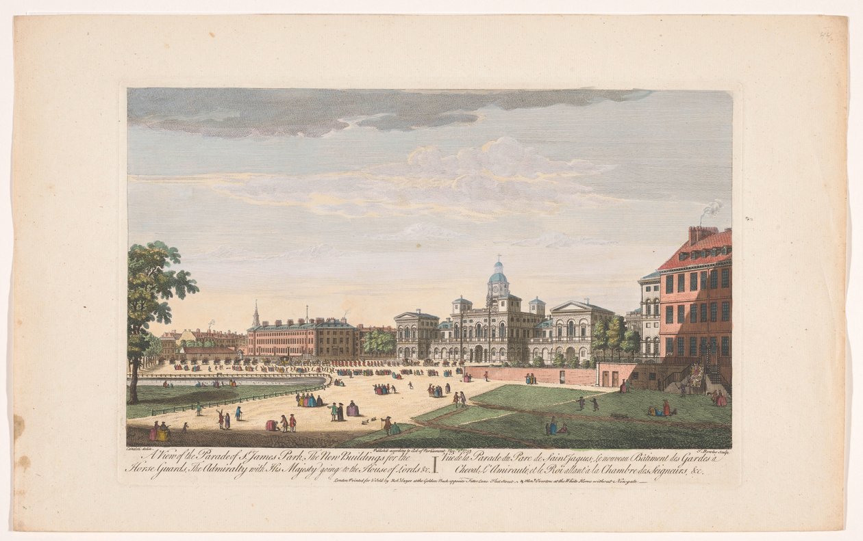 Pohled na Horse Guards Parade v Londýně s odjezdem George II Augusta, krále Velké Británie, do Sněmovny lordů Pohled na park Parade of St. James Park, nové budovy pro koňskou stráž, Admiralita s Jeho Veličenstvom od Robert Sayer