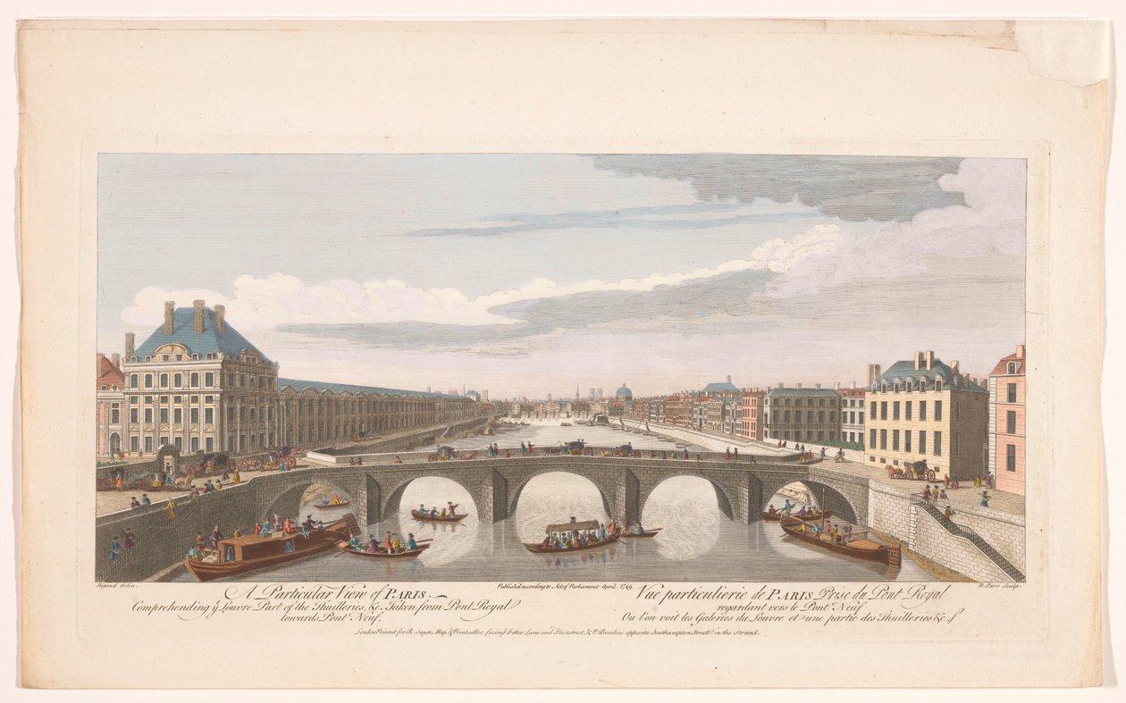 Pohled na Pont Royal přes řeku Seinu v Paříži, při pohledu na Pont Neuf Zvláštní pohled na Paříž z pohledu Louvru, části Thuilleries atd. převzato z Pont Royal směrem k Pont Neuf (název na objektu) Paris (název série) od Robert Sayer