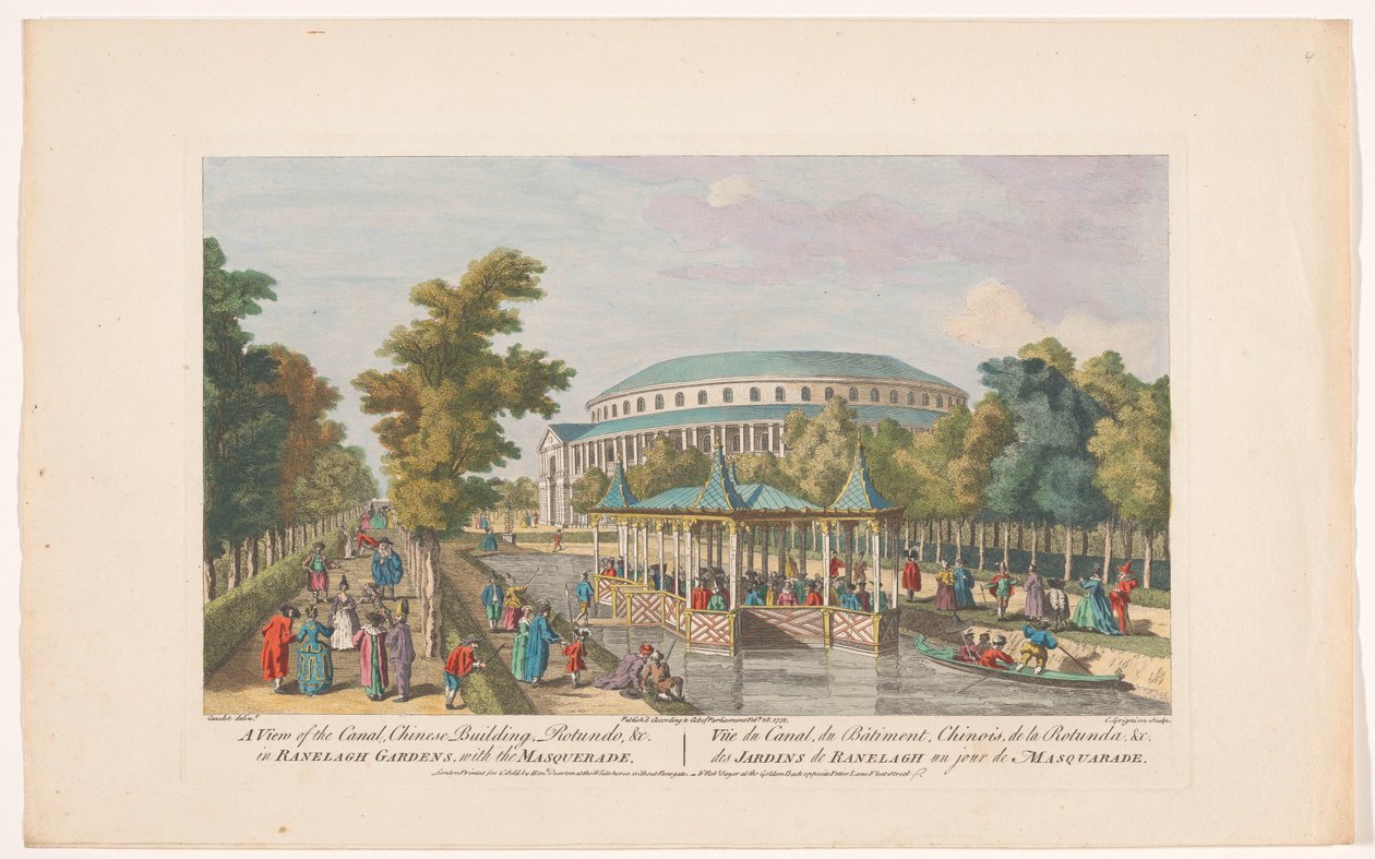 Gezicht op de Rotunda en het Chinese paviljoen op het kanaal in Ranelagh Gardens te Londen met een gemaskerd bal A view of the canal, Chinese building, Rotundo, &c. in Ranelagh Gardens, with the masquerade (title on object) Ranelagh Gardens en Vauxhall G   od Robert Sayer