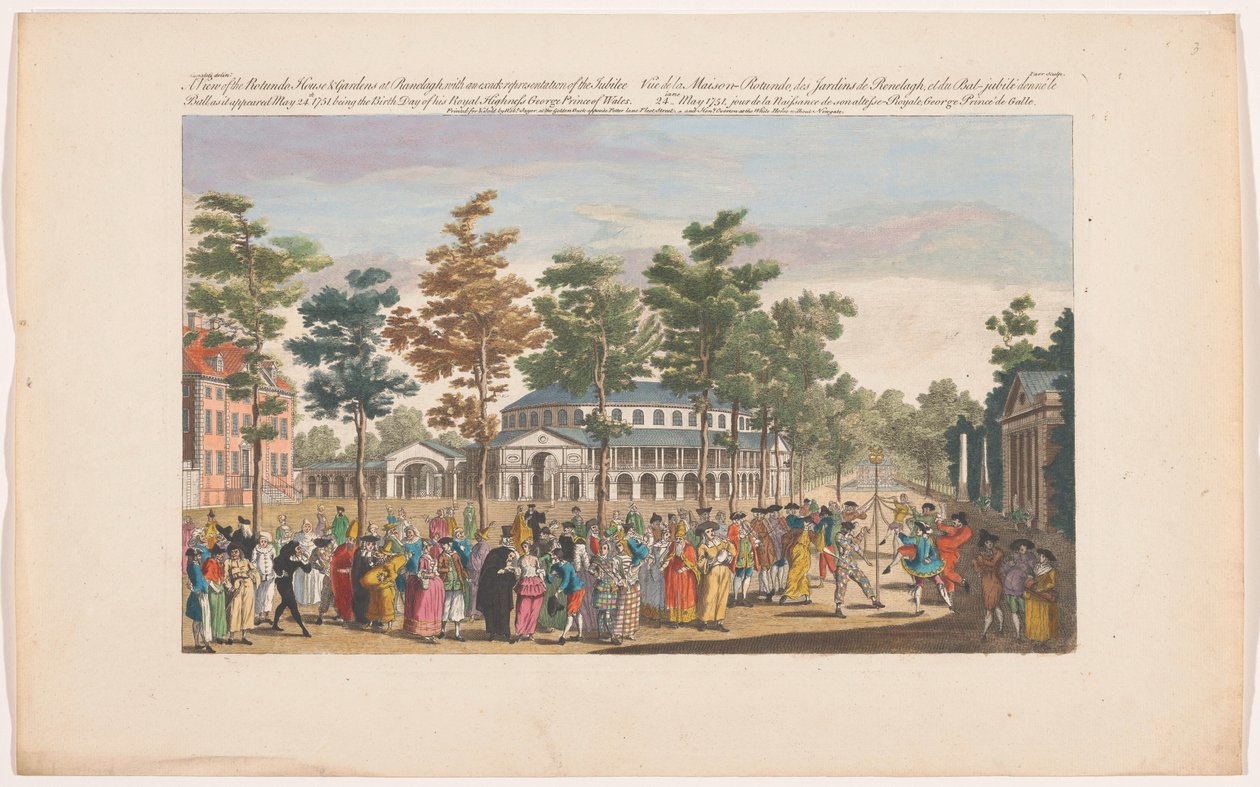 Pohled na rotundu v Ranelagh Gardens v Londýně s maškarním plesem u příležitosti narozenin prince z Walesu 24. května 1751 Pohled na Rotundo, House & Gardens v Ranelagh, s přesným znázorněním jubilejního plesu, jak je od Robert Sayer