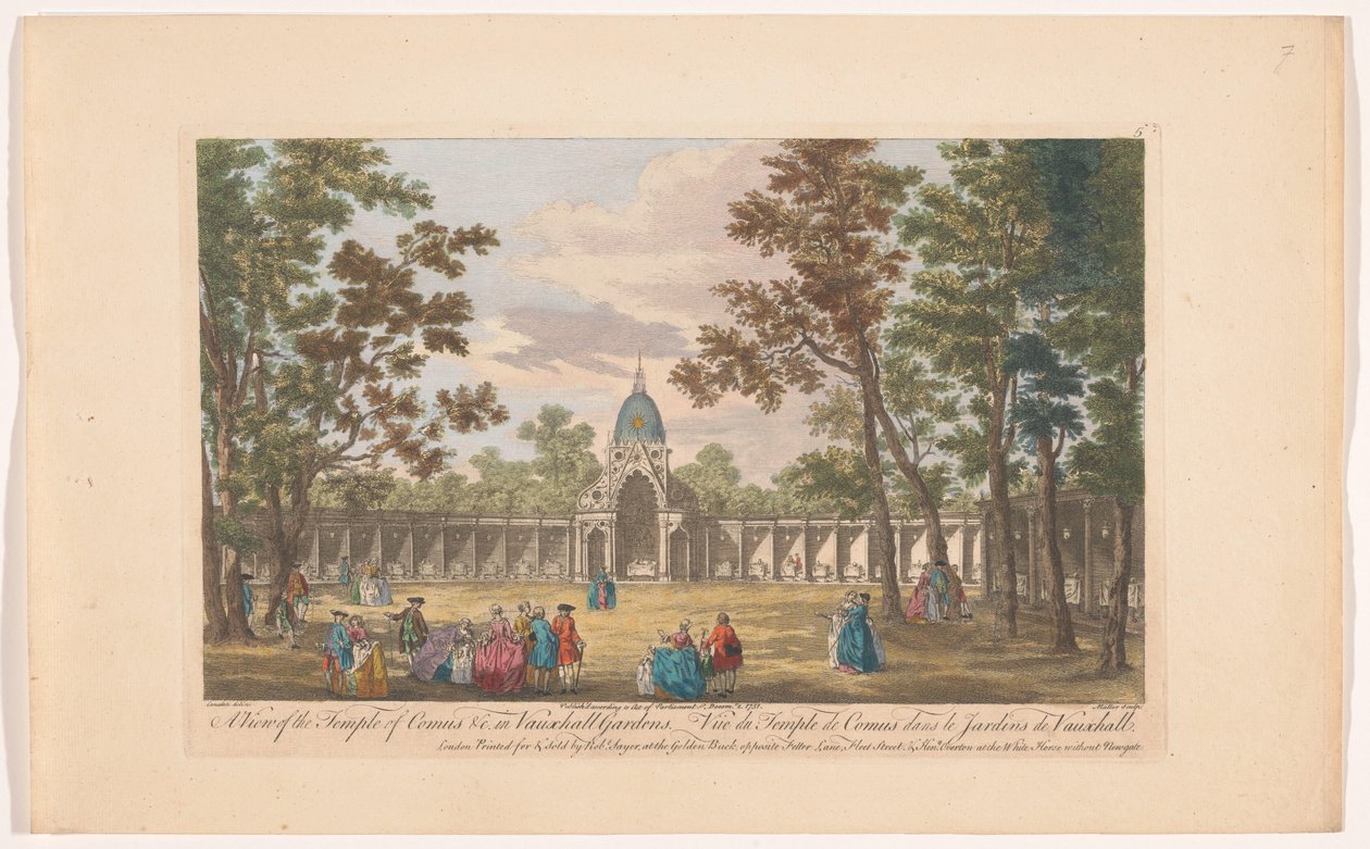 Gezicht op de Temple of Comus ve Vauxhall Gardens te Londen Pohled na Comusův chrám atd. ve Vauxhall Gardens (název na objektu) Ranelagh Gardens en Vauxhall Gardens (název série) od Robert Sayer