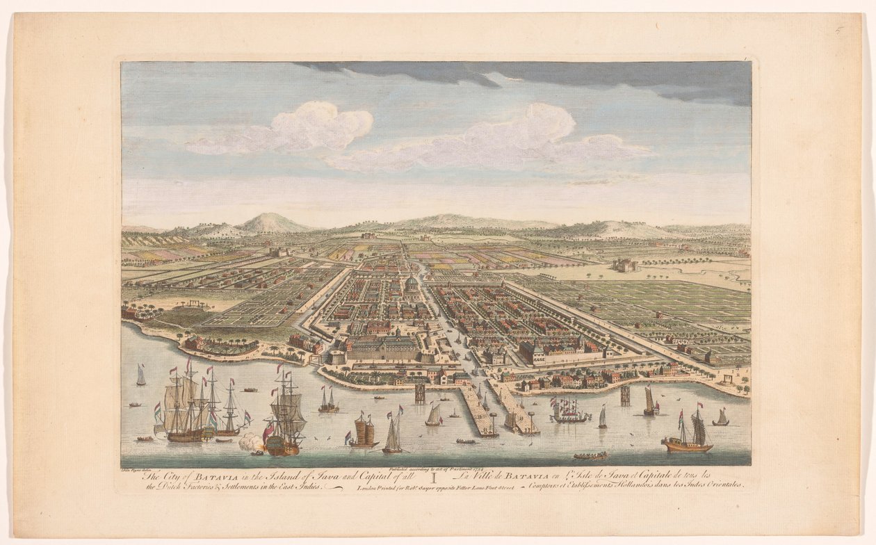 Gezicht op de stad Batavia Město Batavia na ostrově Jáva a hlavní město všech holandských továren a osad ve Východní Indii (název na objektu) Nederzettingen van de VOC (název série) od Robert Sayer