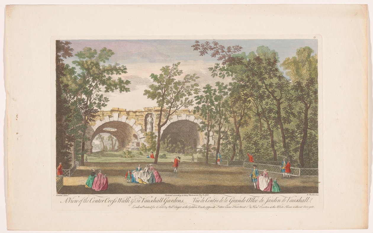 Pohled na avenue ve Vauxhall Gardens v Londýně Pohled na centrum cross walk atd. ve Vauxhall Gardens (název na objektu) Ranelagh Gardens a Vauxhall Gardens (název série) od Robert Sayer