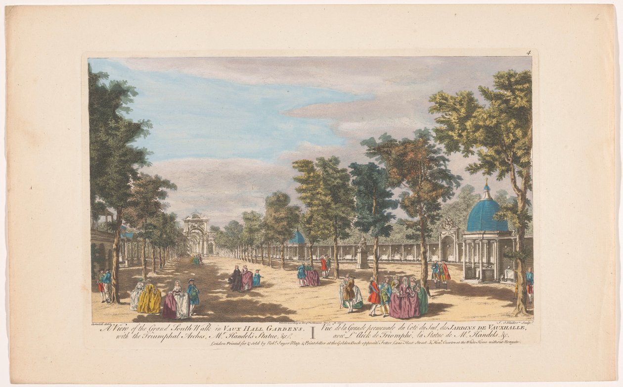 Pohled na třídu s vítězným obloukem ve Vauxhall Gardens v Londýně Pohled na velkou jižní procházku ve Vauxhall Gardens. S vítěznými oblouky Mr. Händelova socha atd (titul na předmětu) Ranelagh Gardens a Vauxhall Gardens (název série) od Robert Sayer