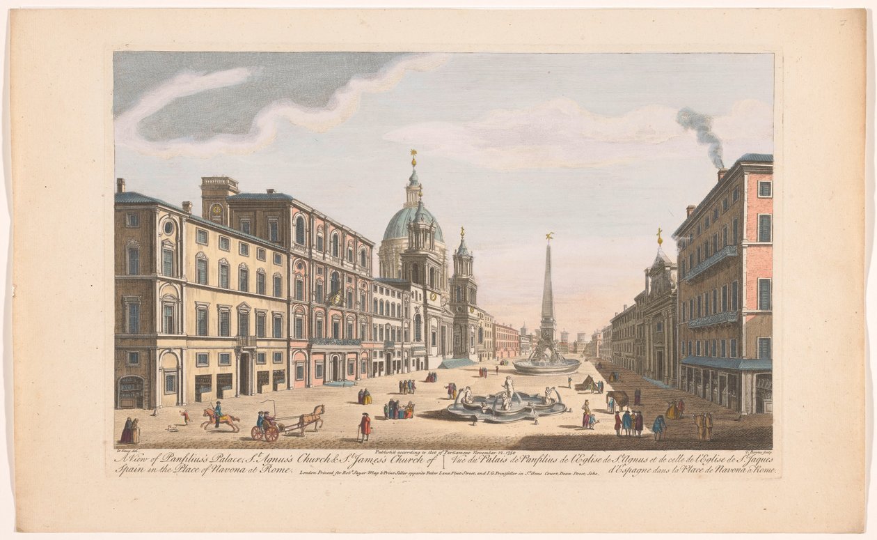 Nachází se na Palazzo Pamphili a na náměstí Piazza Navona v Římě Pohled na Panfiliusův palác, kostel sv. Agnua a kostel svatého Jakuba ve Španělsku na náměstí Navona v Římě (název na objektu) Řím (název série) od Robert Sayer