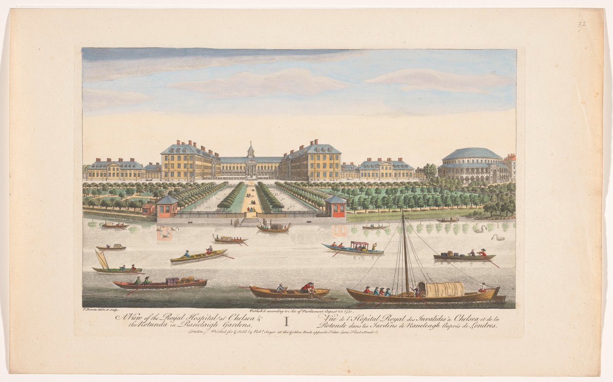 Pohled na Royal Hospital Chelsea a rotundu v Ranelagh Gardens v Londýně Pohled na Královskou nemocnici v Chelsea a rotundu v Ranelaigh Gardens (název na objektu) Londýn (název série) od Robert Sayer
