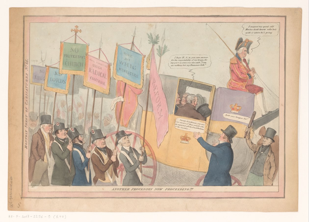 Spotprent over de Engelse binnenlandse politiek Another procession now proceeding !!! (title on object) Monthly sheet of caricatures No. 66. (title on object)   1361652   cs       czech Successfully Translated  Original: Clement de Jonghe, Printseller Tran od Robert Seymour (possibly)