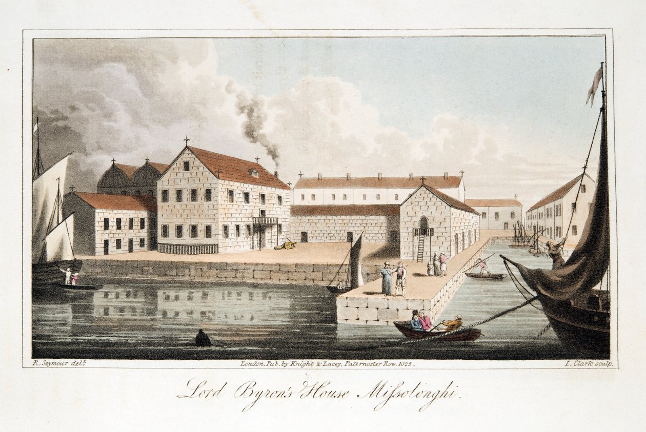 Dům lorda Byrona v Missolonghi, z knihy The Last Days of Lord Byron od Williama Parryho, vyd. 1825 (ručně kolorovaná rytina) od Robert Seymour