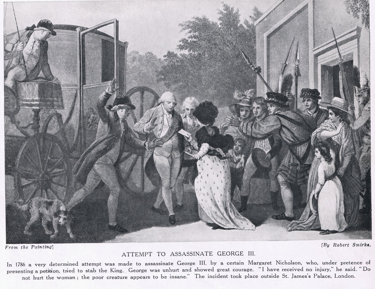Pokus o atentát na krále Jiřího III., ilustrace z „Hutchinsonových dějin národů“, kolem roku 1910 od Robert Smirke