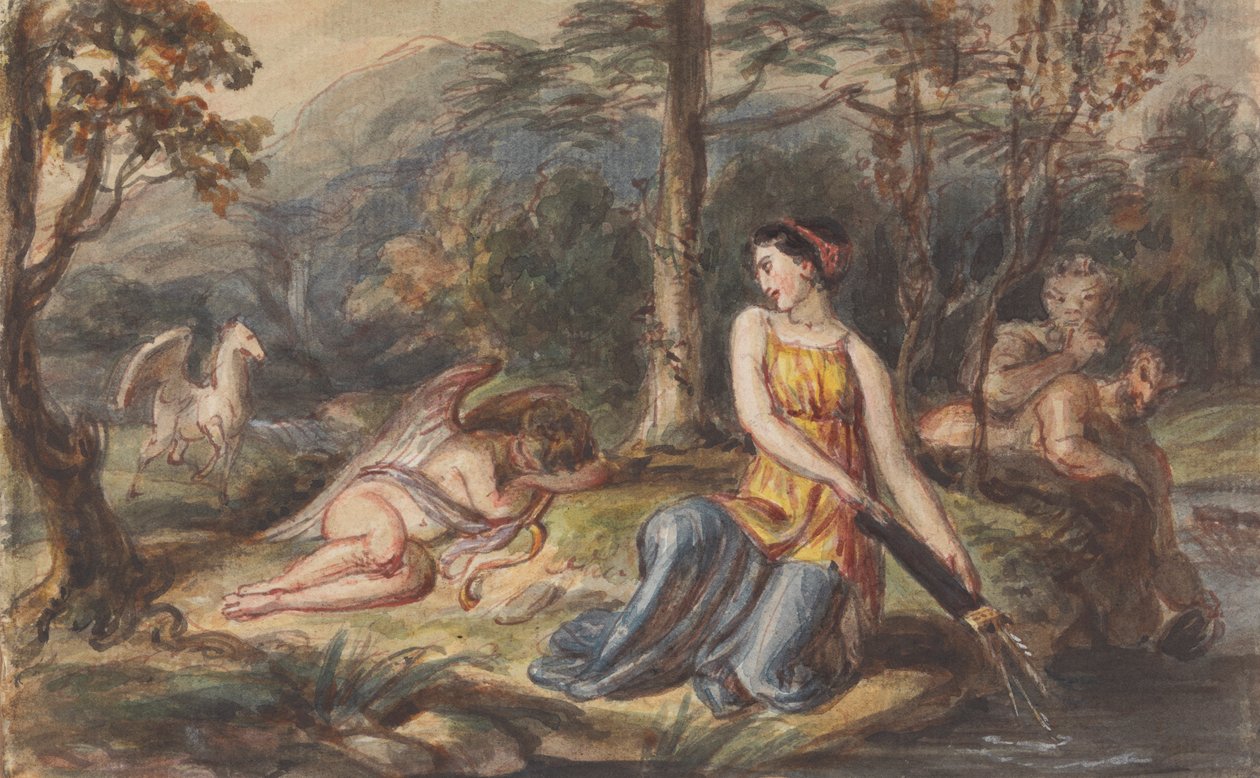 Diana, bohyně lovu, se Satyry, spícím Amorem a Pegasem v zalesněné krajině od Robert Smirke