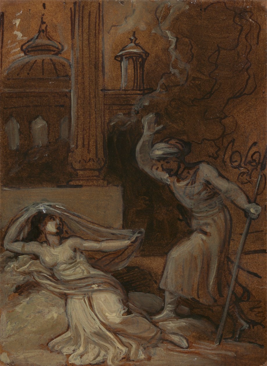 Ilustrace pro východní romantiku, možná „arabské noci“ (s ženskou postavou ležící vlevo) od Robert Smirke