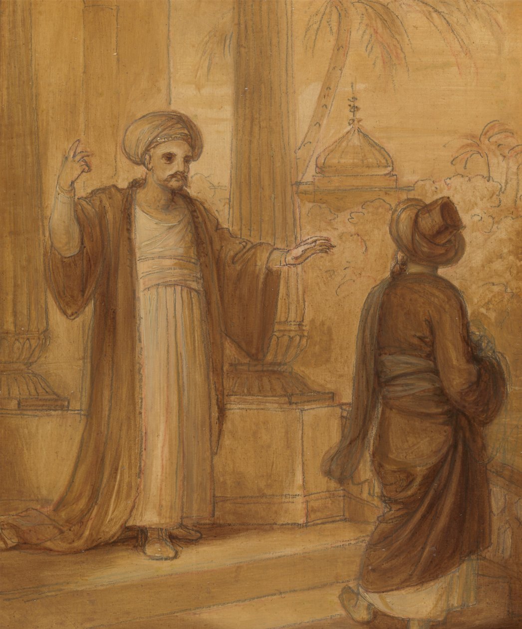 Ilustrace pro východní romanci, možná „Arabské noci“, se dvěma stojícími mužskými postavami od Robert Smirke
