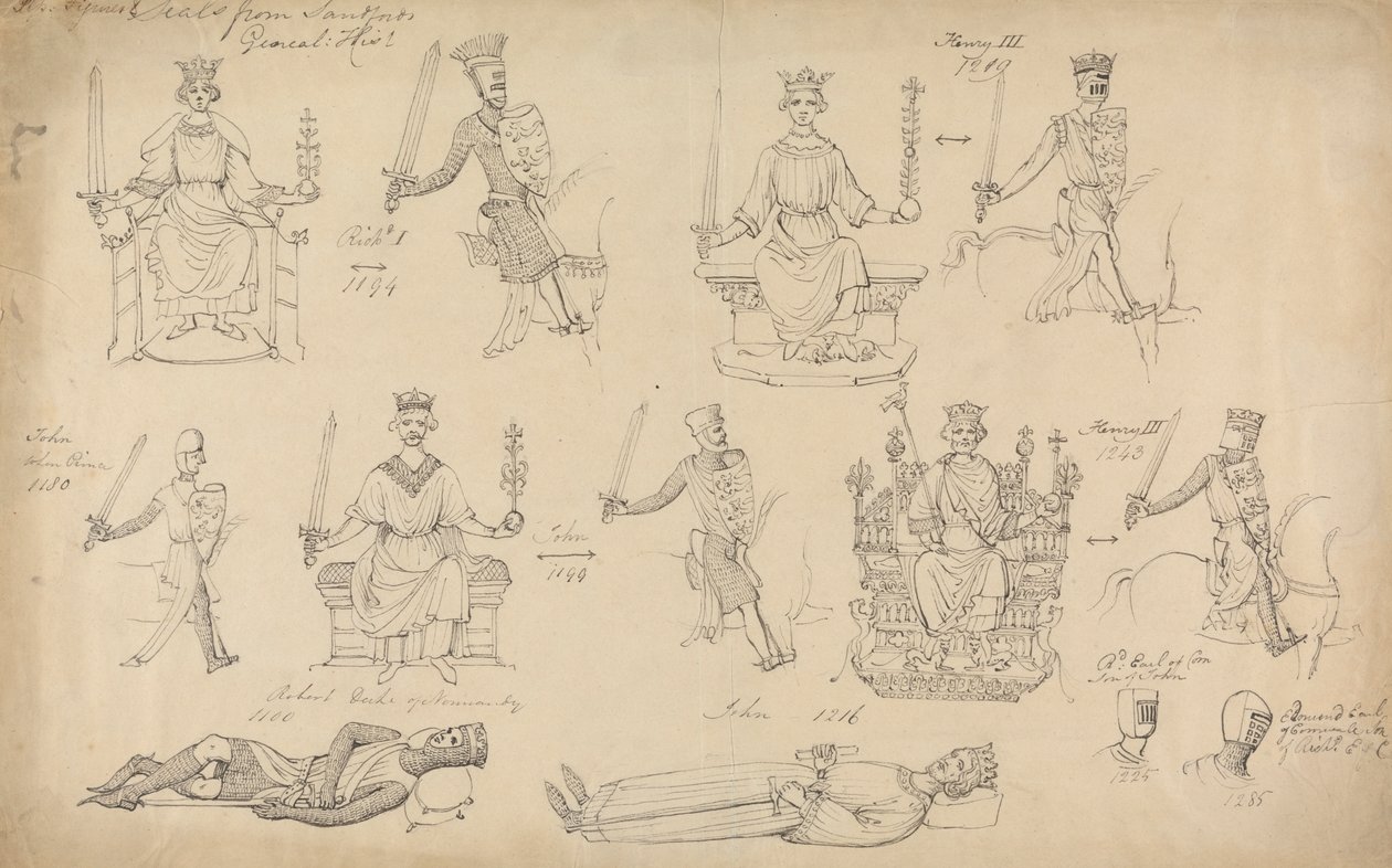 Studie figur a pečetí ze Sandfordské genealogické historie od Robert Smirke