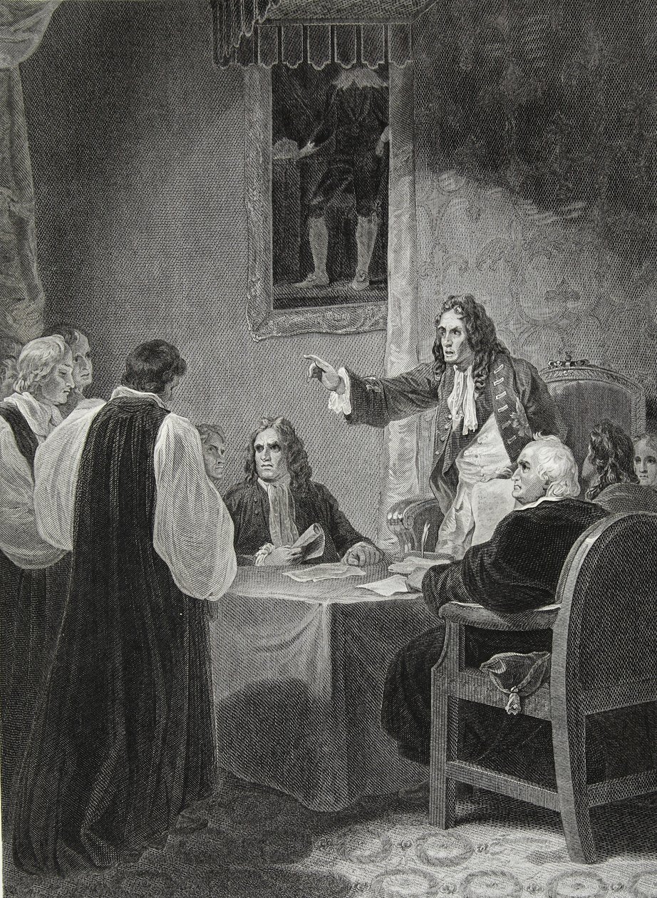 The Bishops before the Privy Council, 1688, vyryto Georgem Noblem, ilustrace z Davida Huma 