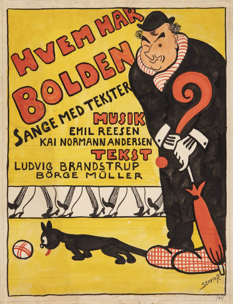 Rozvržení pro titulní stránku pro "Hvem har Bolden". Karikovaný portrét Carla Alstrupa od Robert Storm Petersen