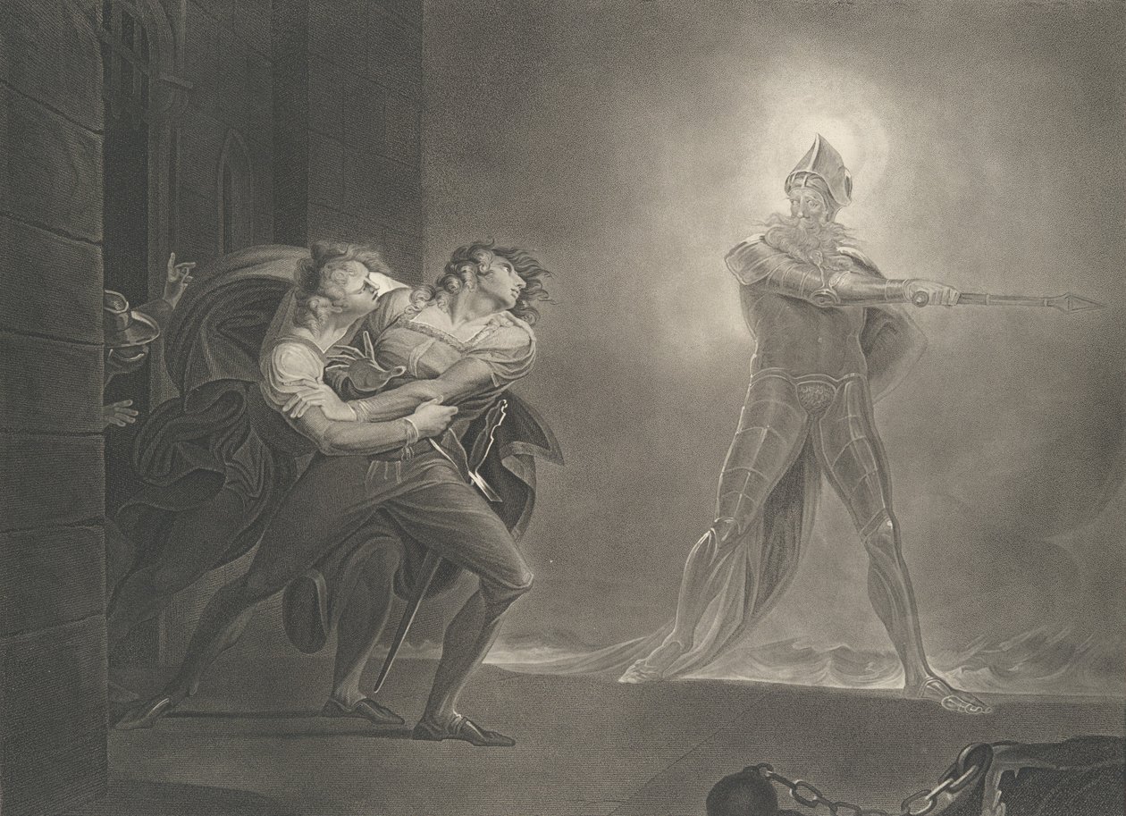 Hamlet, Horatio, Marcellus a duch Shakespeare, Haml..., poprvé vydáno 1796, znovu vydáno 1852. od Robert Thew