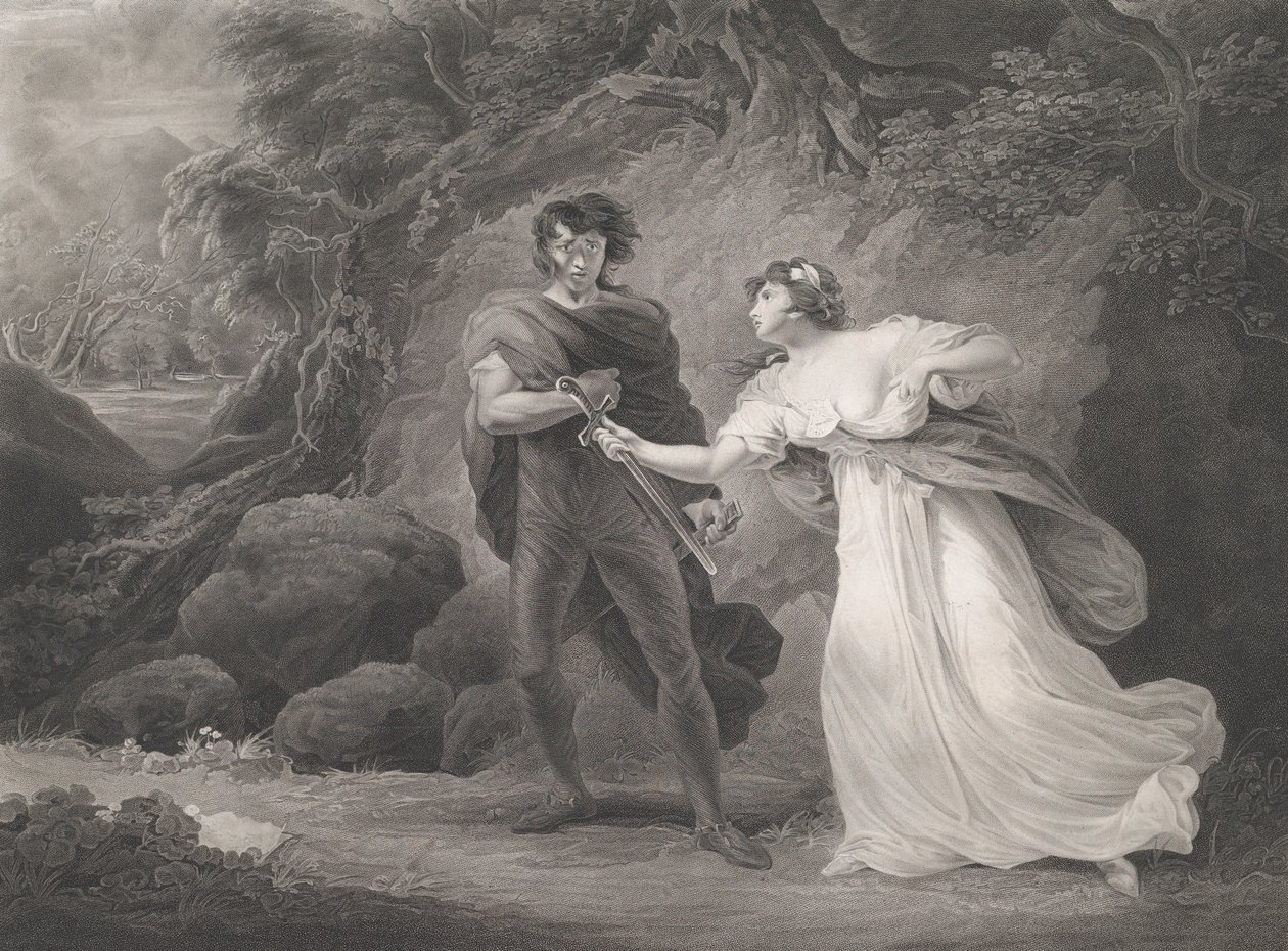 Pisanio a Imogen Shakespeare, Cymbeline, Akt 3, Scéna 4..., poprvé publikováno 1801, znovu vydáno 1852. od Robert Thew