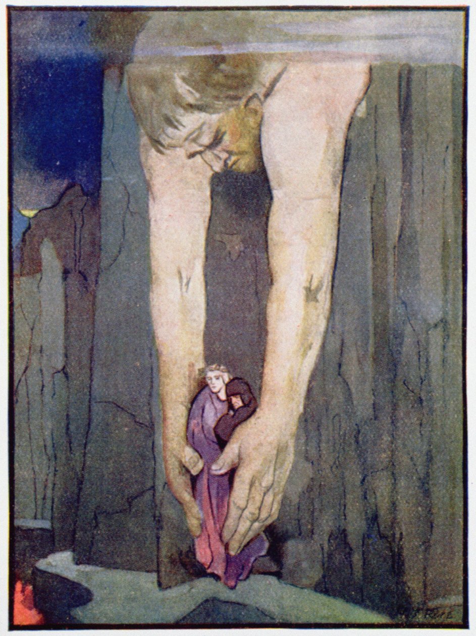 Antaeus sesadil Virgila a Danta v posledním kruhu pekla, kolem roku 1910 (barevné lito) od Robert Traill Rose