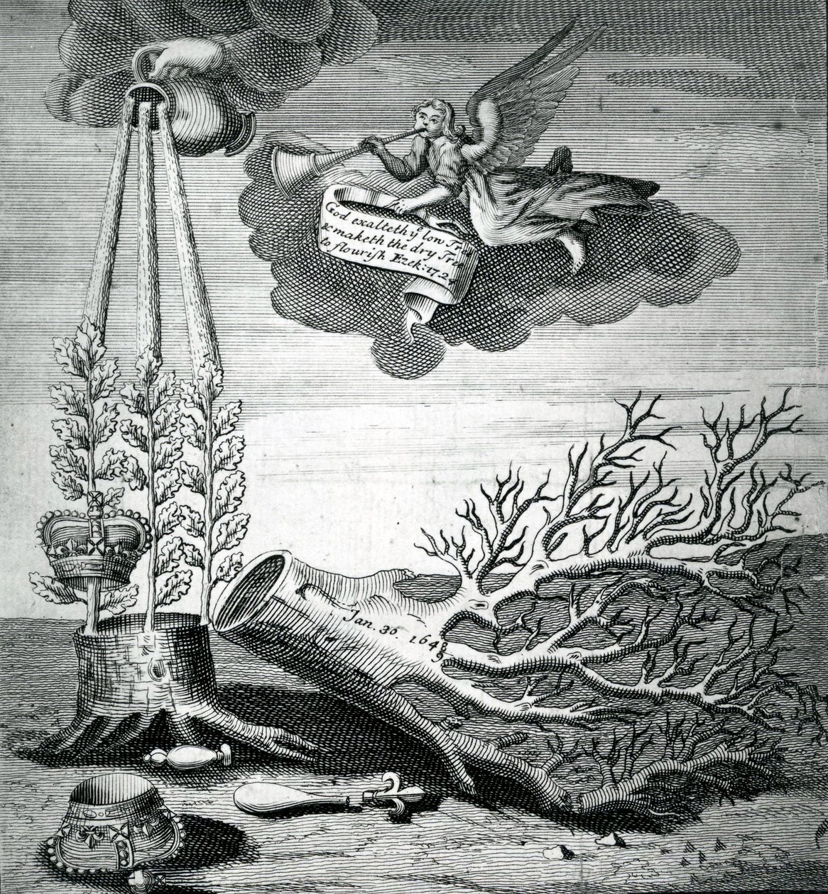 Emblematický tisk odkazující na popravu Karla I. a následnictví Stuartů, 1715 od Robert Vaughan