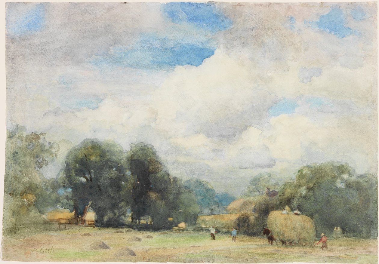 Výroba sena v Herefordshire (tužka a akvarel na papíře (nalepeno na kartě)) od Robert W. Little