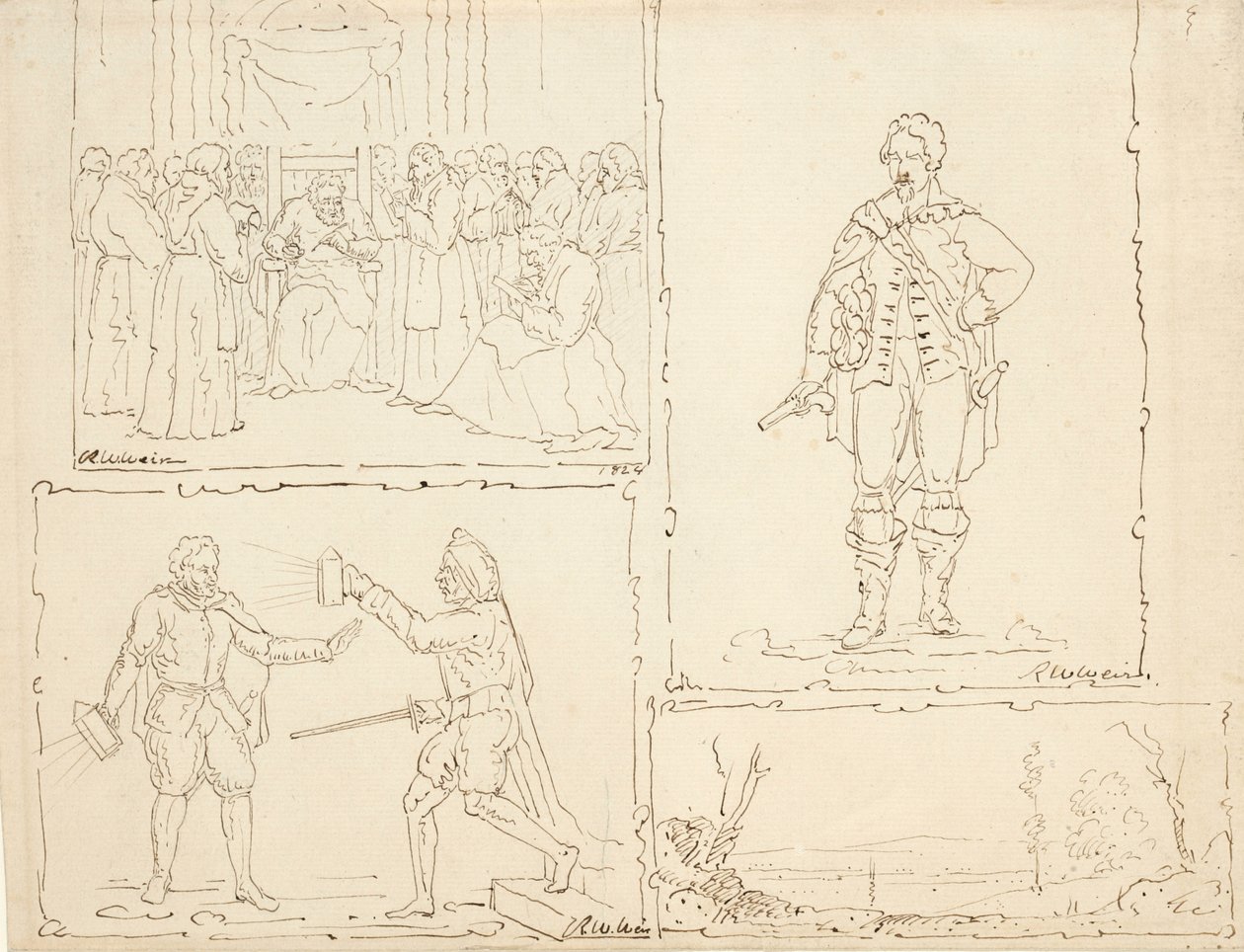 Čtyři skici, 1824 (pero a hnědý inkoust na leštěném papíře) od Robert Walter Weir