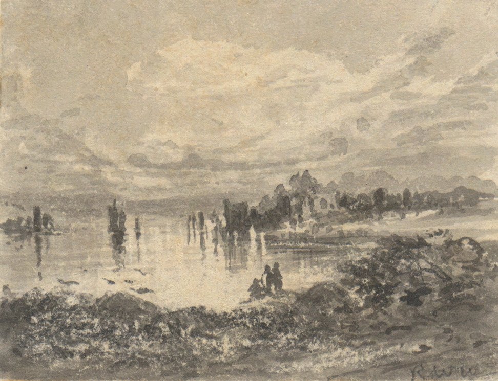 Pohled na jezero a hory s postavami od Robert Walter Weir