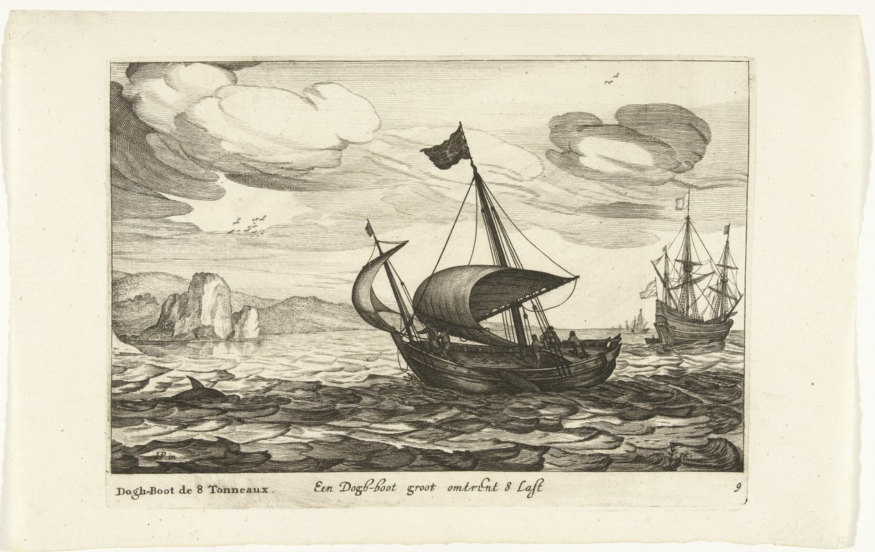 Psí bota Een Dogh-boot groot about 8 Last / Dogh-Boot de 8 Tonneaux (název na objektu) Hollandse scheeptypen, 1627 (název série) Různé lodě Don ton se sert dans les Unies Provincie / Ikony různých holandských lodí, jejichž použití je maxi od Robert de Baudous (possibly)