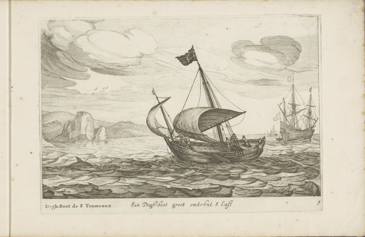 Psí bota Een Dogh-boot groot about 8 Last / Dogh-Boot de 8 Tonneaux (název na objektu) Různé lodě dont on se sert dans les Provinces Unies / Ikony různých nizozemských lodí, jejichž použití je hlavně ve vnitrozemských vodách regionu od Robert de Baudous (possibly)