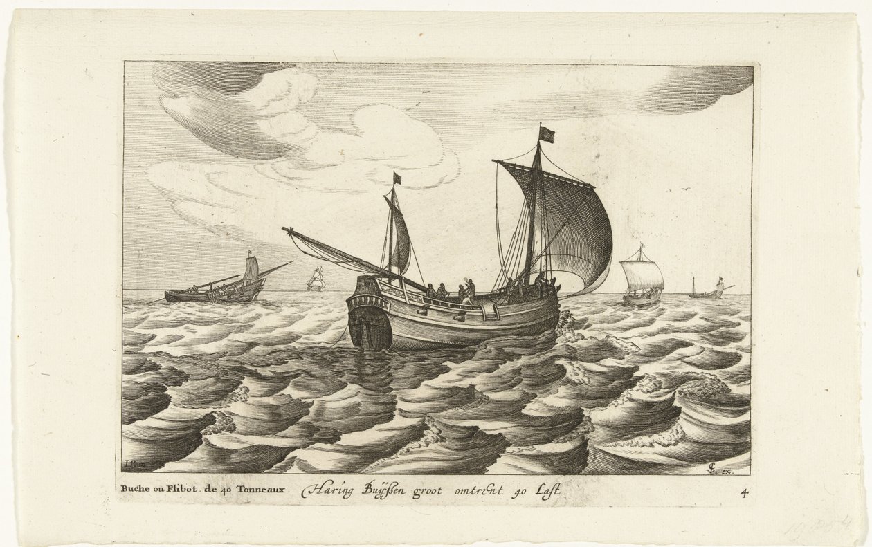 Haringbuizen Haring Buyssen groot about 40 Last / Buche ou Flibot de 40 Tonneaux (název na objektu) Hollandse scheeptypen, 1627 (název série) Různé lodě Don ton se sert dans les Unies Provinces / Ikony různých holandských lodí, jejichž použití od Robert de Baudous (possibly)
