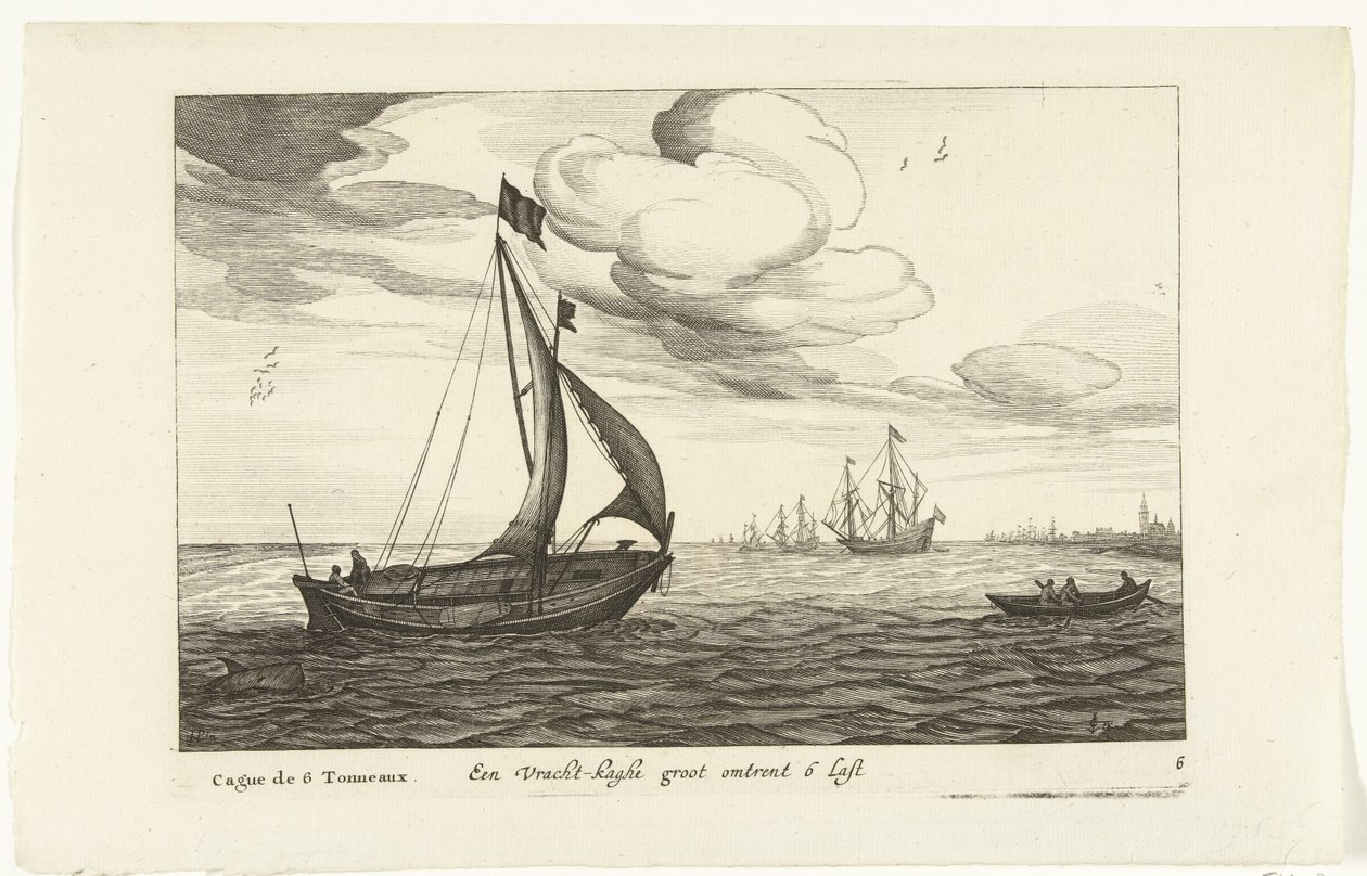 Vrachtkagen Een Vracht-kaghe groot about 6 Last / Cague de 6 Tonneaux (název na objektu) Hollandse scheeptypen, 1627 (název série) Různé lodě Don ton se sert dans les United Provinces / Ikony různých holandských lodí, jejichž použití je většinou v od Robert de Baudous (possibly)